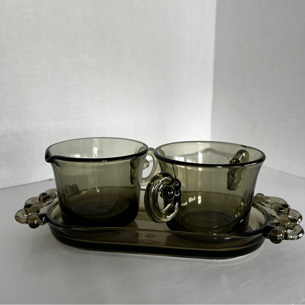 Perforal Cream and Sugar Set with Tray Josef Inwald Black Depression Glass